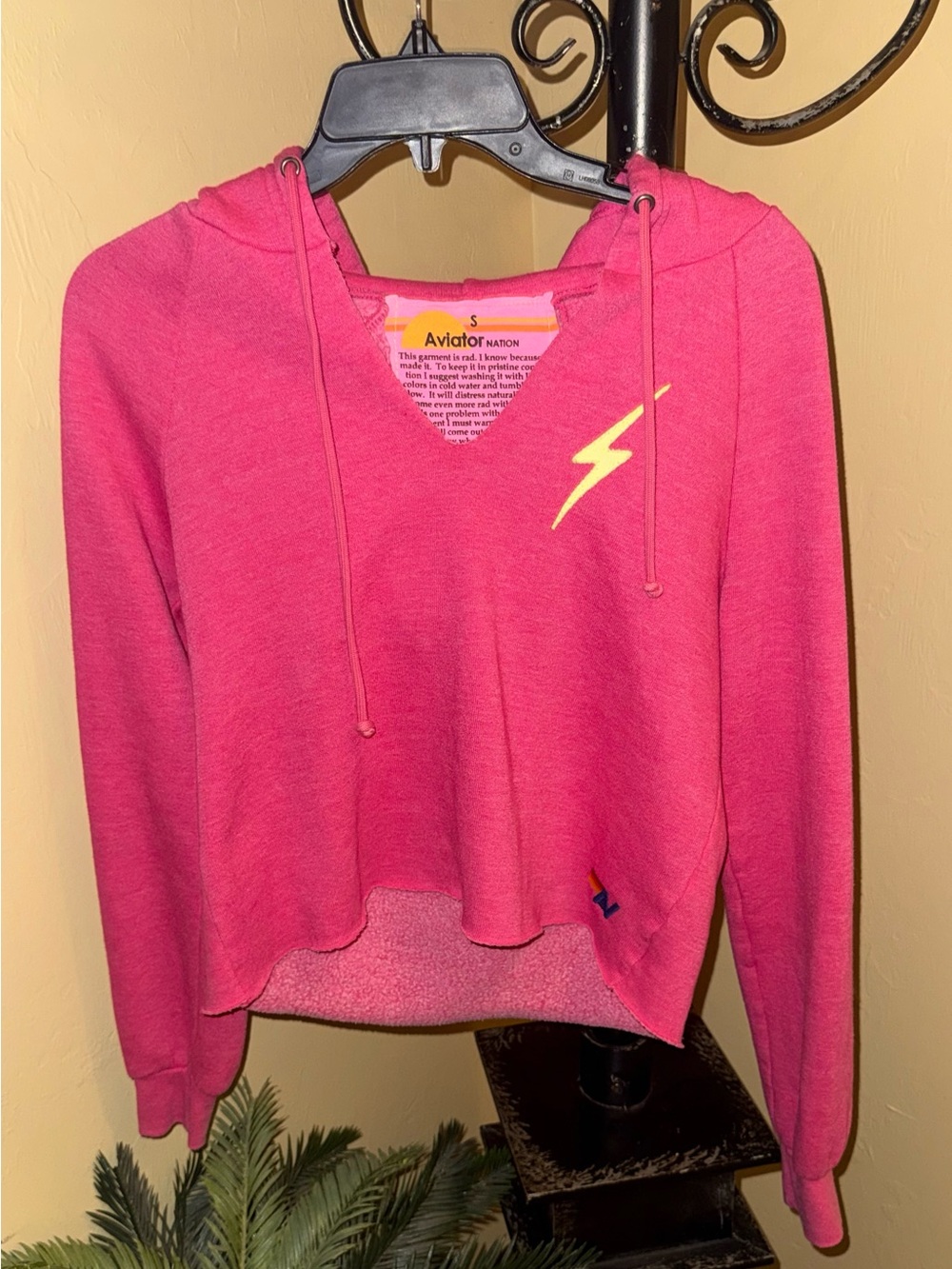 #.612 Aviator Nation Pink Bolt Hoodie w/neon yellow lightning bolt.  Sz Small